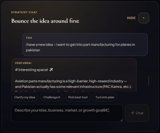 Strategy Chat screen showing an AI conversation providing critical feedback on a business idea