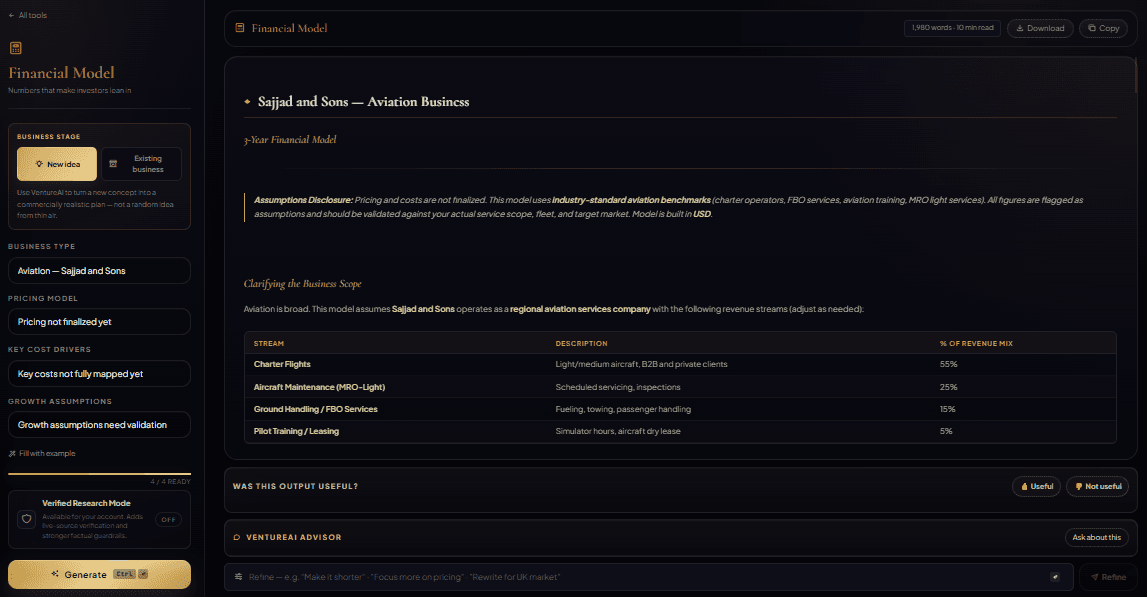 Sample tool output showing a detailed, investor-ready structured business document